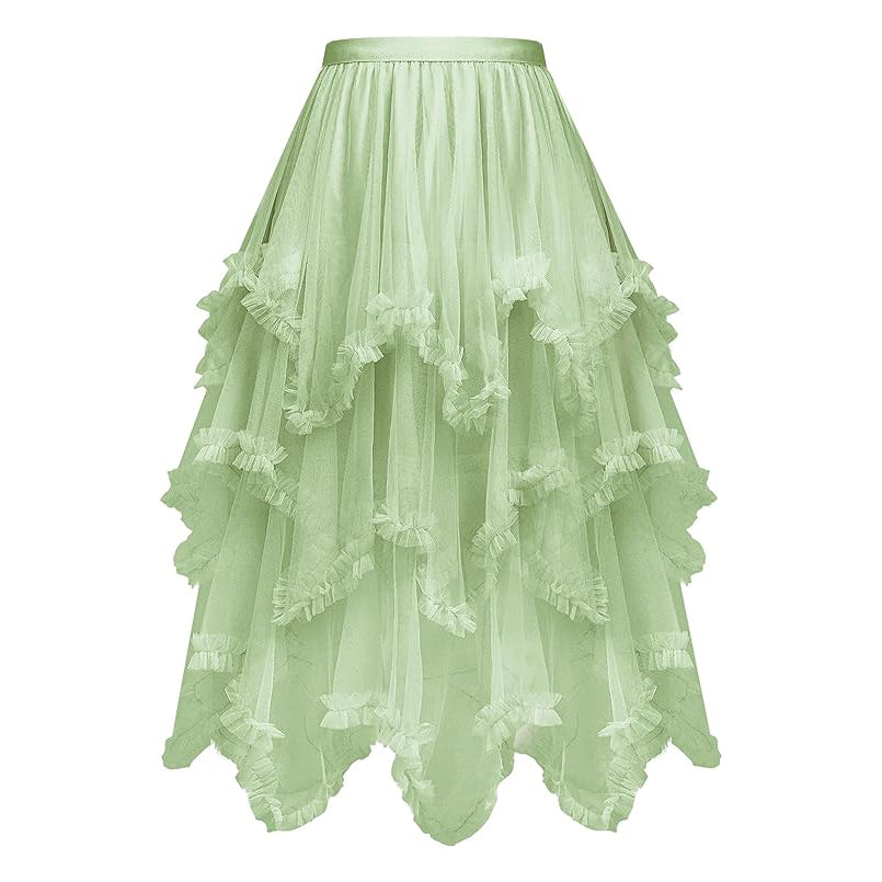 Women Tiered Tulle Skirt Ruffle Elastic Waist Midi Skirt Tutu Mesh Fairy Costume