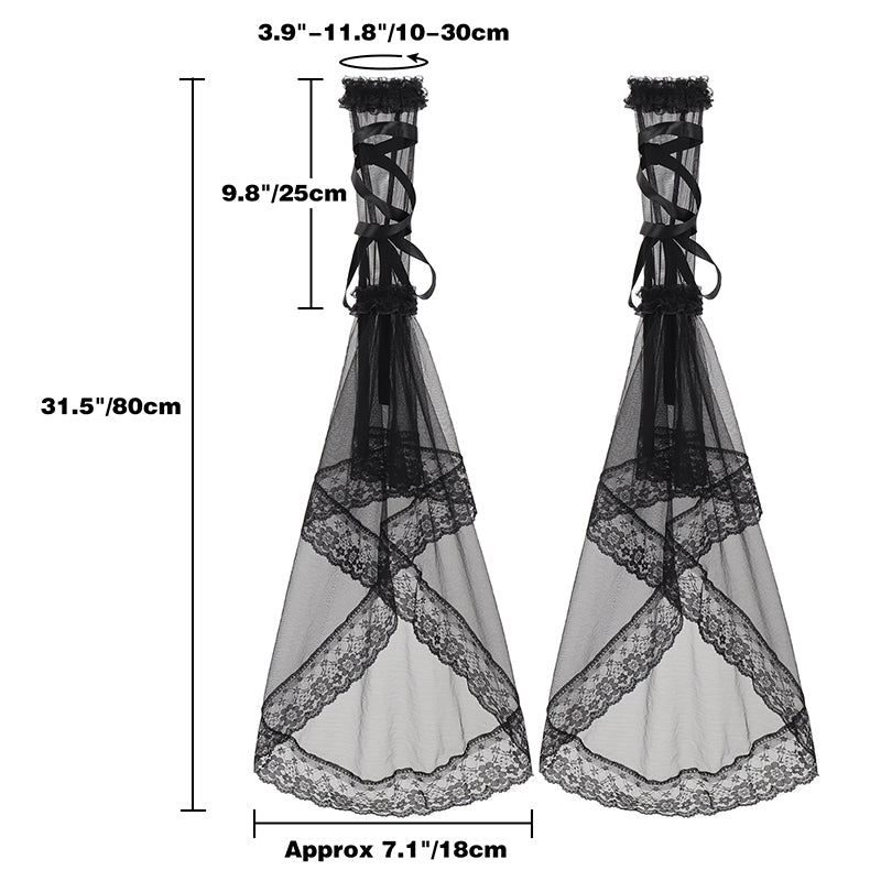 Women Gothic Black Lace Gloves Long Victorian Tulle Chiffon Detachable Sleeves Vampire Witch Gloves Halloween Party Cosplay Costume Accessories