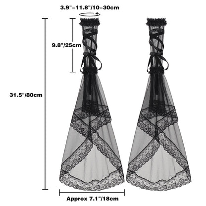 Women Gothic Black Lace Gloves Long Victorian Tulle Chiffon Detachable Sleeves Vampire Witch Gloves Halloween Party Cosplay Costume Accessories