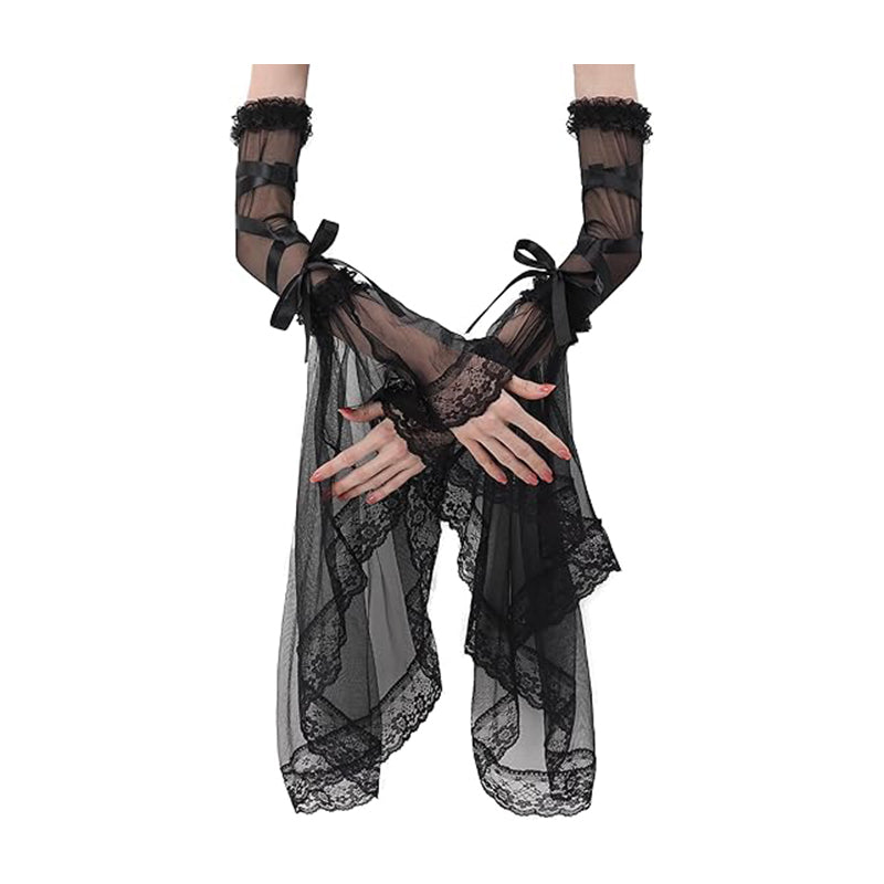 Women Gothic Black Lace Gloves Long Victorian Tulle Chiffon Detachable Sleeves Vampire Witch Gloves Halloween Party Cosplay Costume Accessories