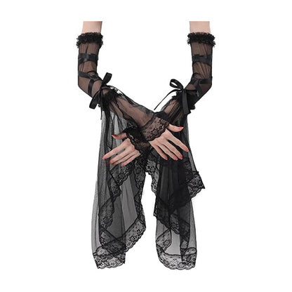Women Gothic Black Lace Gloves Long Victorian Tulle Chiffon Detachable Sleeves Vampire Witch Gloves Halloween Party Cosplay Costume Accessories