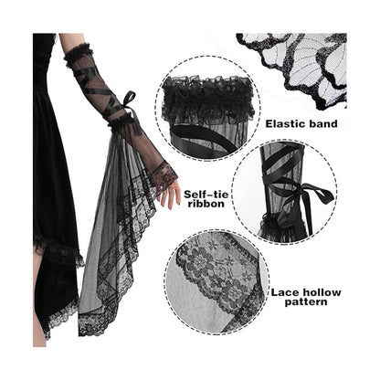 Women Gothic Black Lace Gloves Long Victorian Tulle Chiffon Detachable Sleeves Vampire Witch Gloves Halloween Party Cosplay Costume Accessories