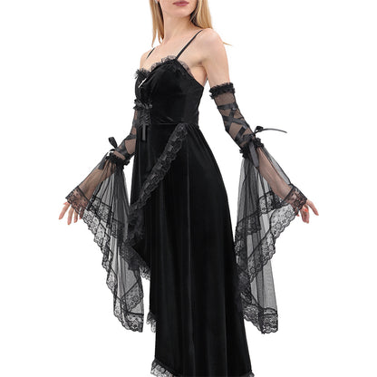 Women Gothic Black Lace Gloves Long Victorian Tulle Chiffon Detachable Sleeves Vampire Witch Gloves Halloween Party Cosplay Costume Accessories