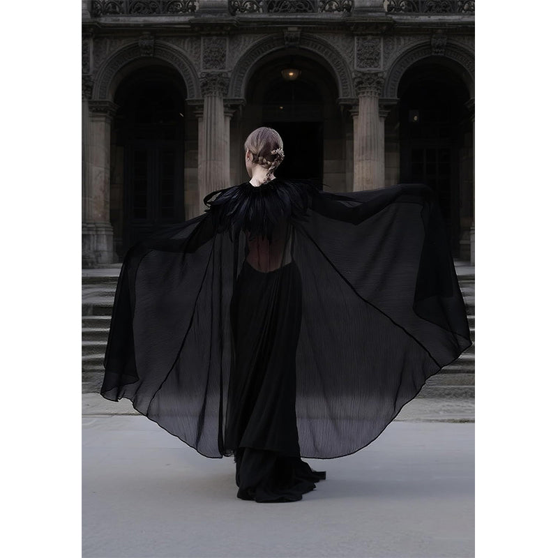Women Gothic Cloak With Feather Collar Vampire Witch Tulle Cape Cosplay Costume Feather Cloak For Halloween Party