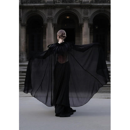 Women Gothic Cloak With Feather Collar Vampire Witch Tulle Cape Cosplay Costume Feather Cloak For Halloween Party