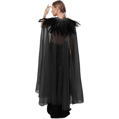Women Gothic Cloak With Feather Collar Vampire Witch Tulle Cape Cosplay Costume Feather Cloak For Halloween Party
