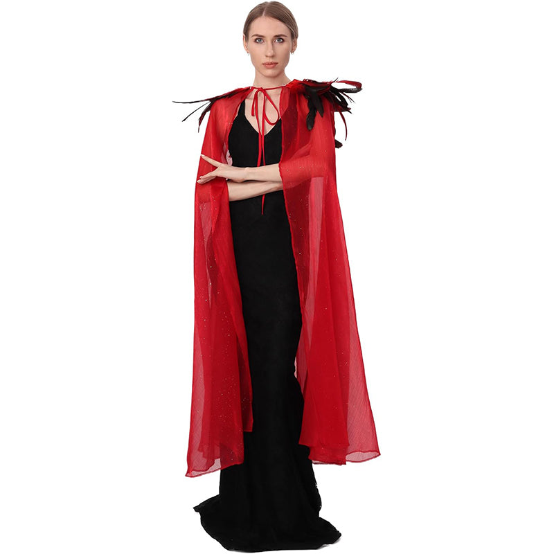 Women Gothic Cloak With Feather Collar Vampire Witch Tulle Cape Cosplay Costume Feather Cloak For Halloween Party