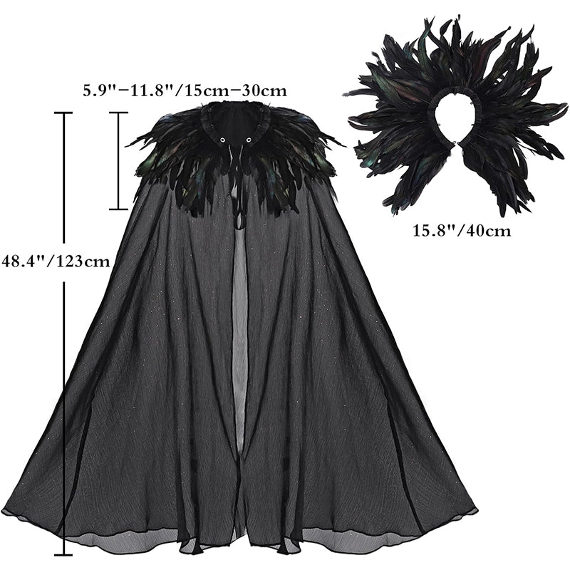 Women Gothic Cloak With Feather Collar Vampire Witch Tulle Cape Cosplay Costume Feather Cloak For Halloween Party