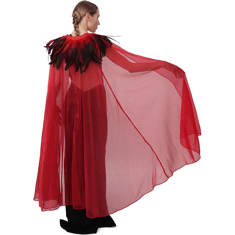 Women Gothic Cloak With Feather Collar Vampire Witch Tulle Cape Cosplay Costume Feather Cloak For Halloween Party