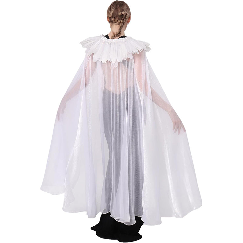 Women Gothic Cloak With Feather Collar Vampire Witch Tulle Cape Cosplay Costume Feather Cloak For Halloween Party