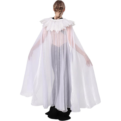 Women Gothic Cloak With Feather Collar Vampire Witch Tulle Cape Cosplay Costume Feather Cloak For Halloween Party
