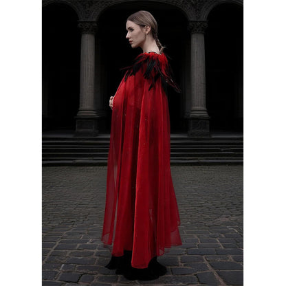 Women Gothic Cloak With Feather Collar Vampire Witch Tulle Cape Cosplay Costume Feather Cloak For Halloween Party