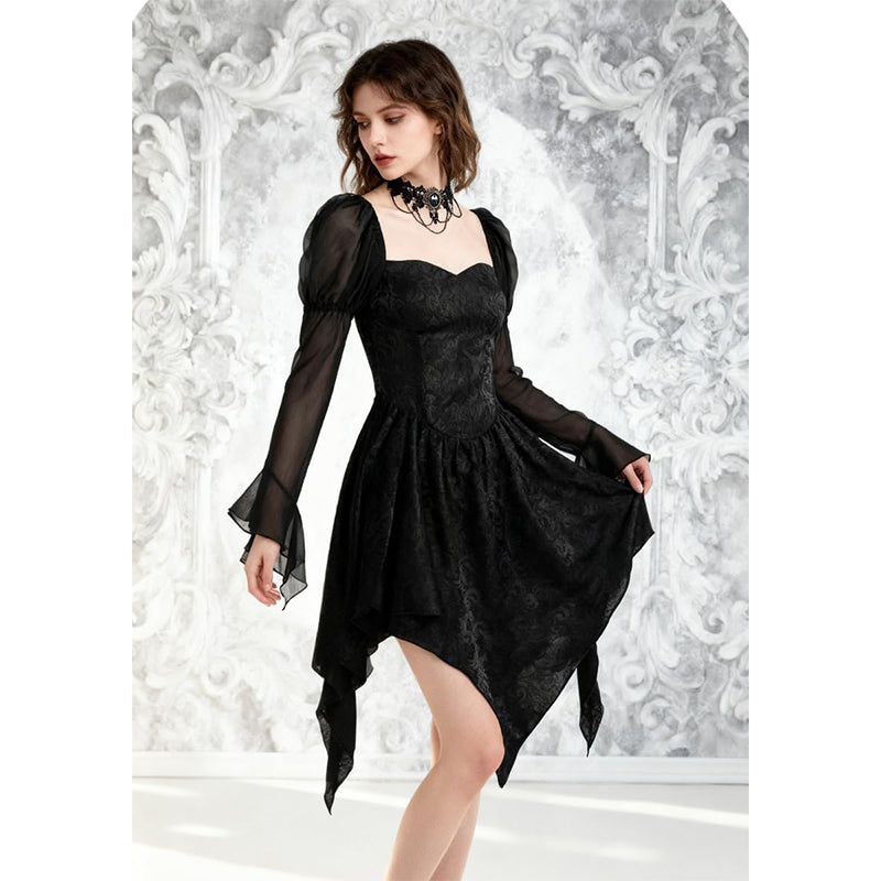 Women Gothic Dress Fairy Goth Black Dress Long Flare Sleeve Casual Skirts Punk Vampire Black Dress For Halloween Party Daily Wear