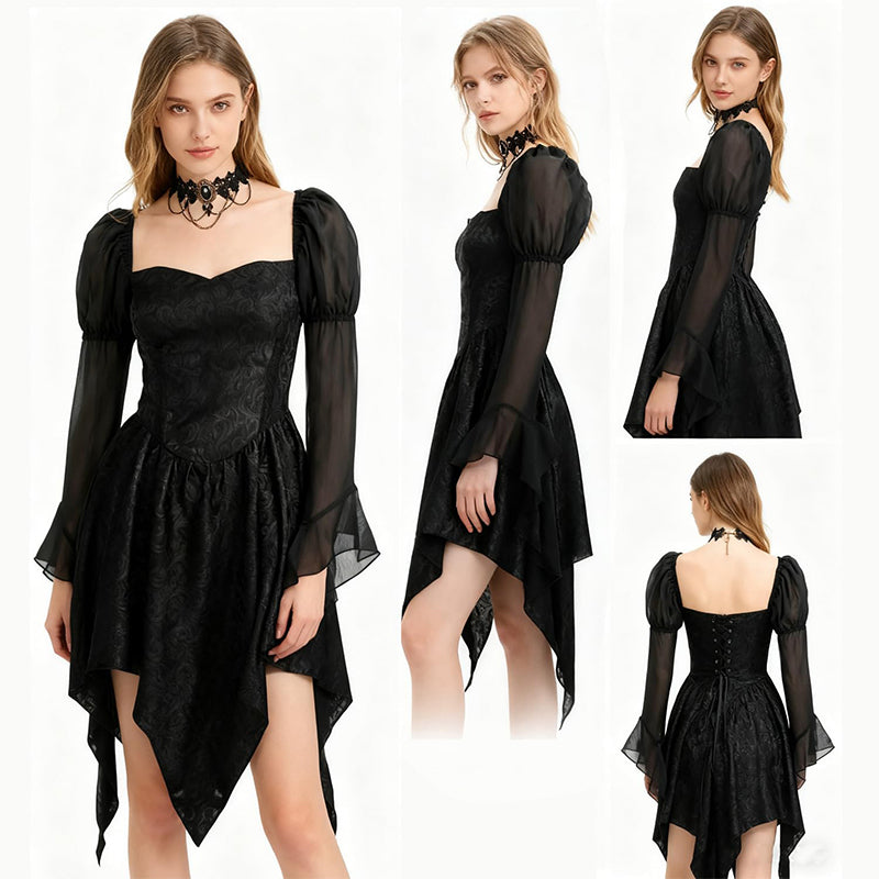 Women Gothic Dress Fairy Goth Black Dress Long Flare Sleeve Casual Skirts Punk Vampire Black Dress For Halloween Party Daily Wear