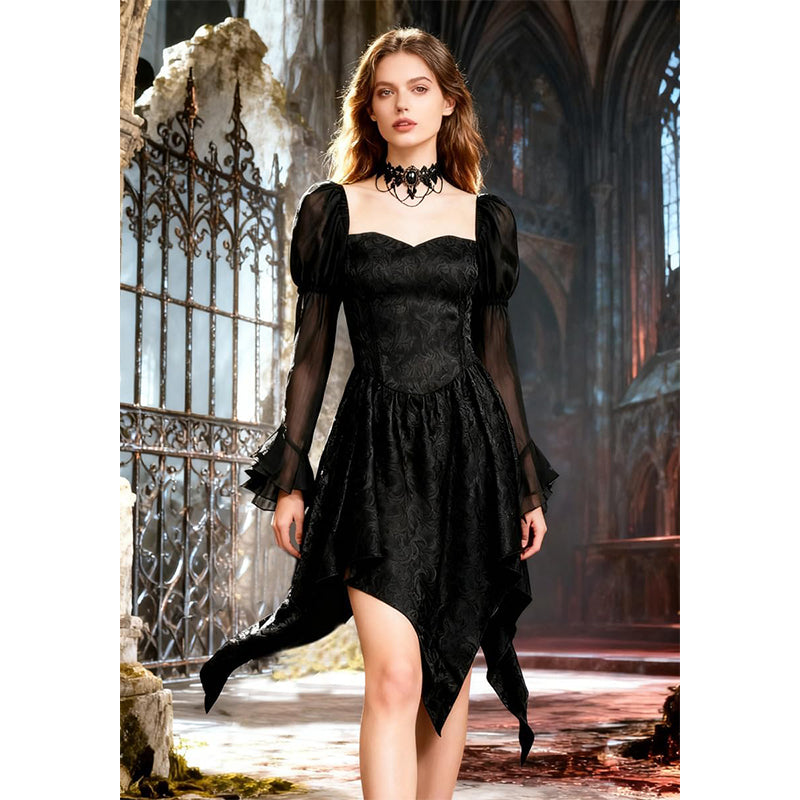 Women Gothic Dress Fairy Goth Black Dress Long Flare Sleeve Casual Skirts Punk Vampire Black Dress For Halloween Party Daily Wear