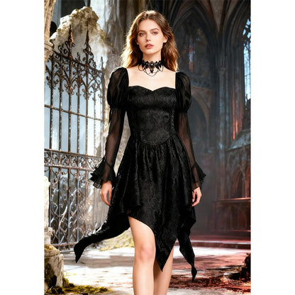 Women Gothic Dress Fairy Goth Black Dress Long Flare Sleeve Casual Skirts Punk Vampire Black Dress For Halloween Party Daily Wear
