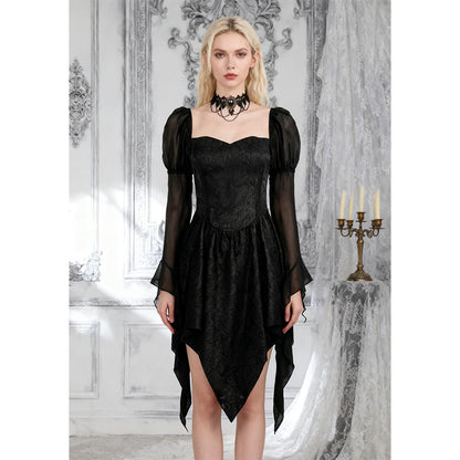 Women Gothic Dress Fairy Goth Black Dress Long Flare Sleeve Casual Skirts Punk Vampire Black Dress For Halloween Party Daily Wear