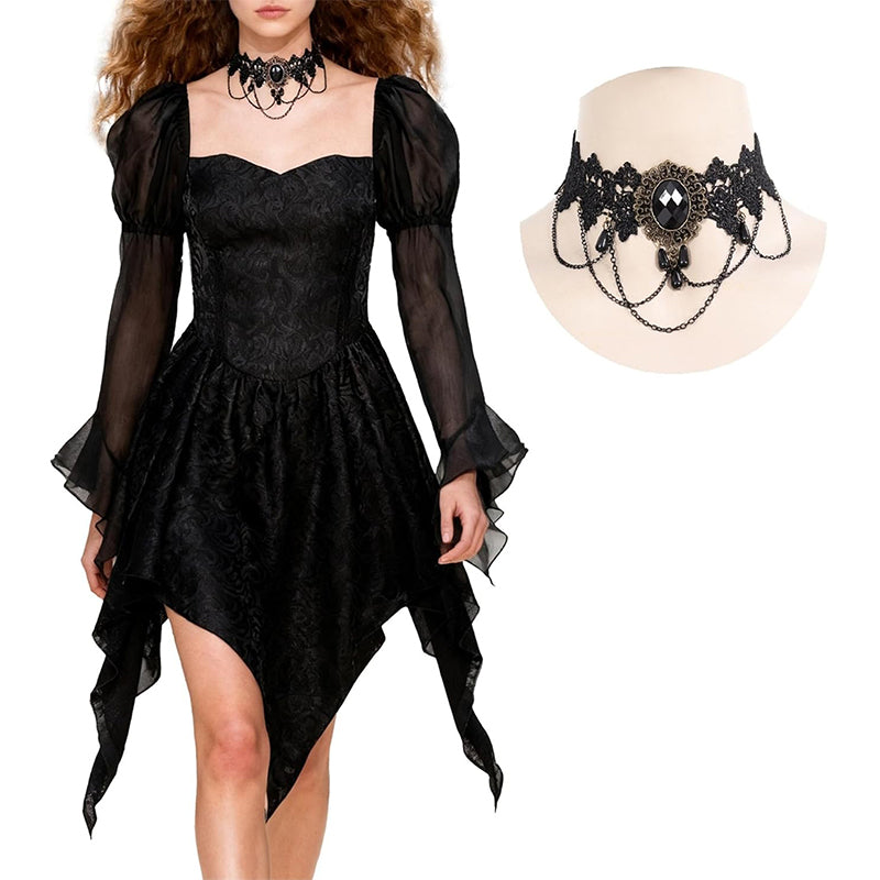 Women Gothic Dress Fairy Goth Black Dress Long Flare Sleeve Casual Skirts Punk Vampire Black Dress For Halloween Party Daily Wear