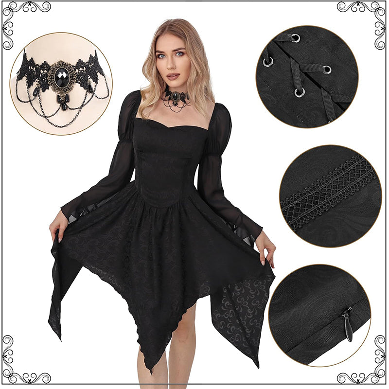 Women Gothic Dress Fairy Goth Black Dress Long Flare Sleeve Casual Skirts Punk Vampire Black Dress For Halloween Party Daily Wear