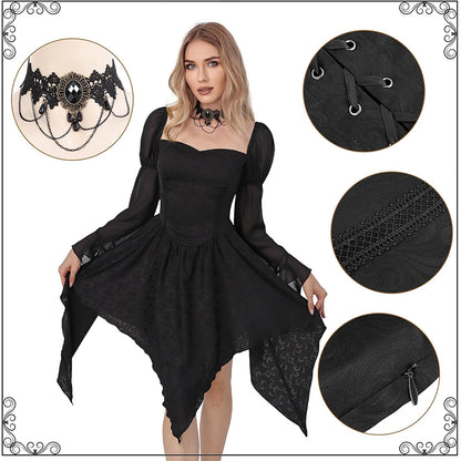 Women Gothic Dress Fairy Goth Black Dress Long Flare Sleeve Casual Skirts Punk Vampire Black Dress For Halloween Party Daily Wear