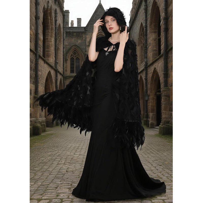 Women Gothic Hooded Cloak With Feather Hem Vampire Witch Cape Halloween Cosplay Costume Cloak