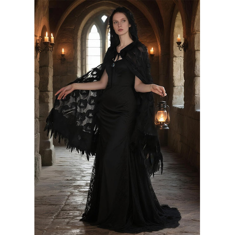 Women Gothic Hooded Cloak With Feather Hem Vampire Witch Cape Halloween Cosplay Costume Cloak