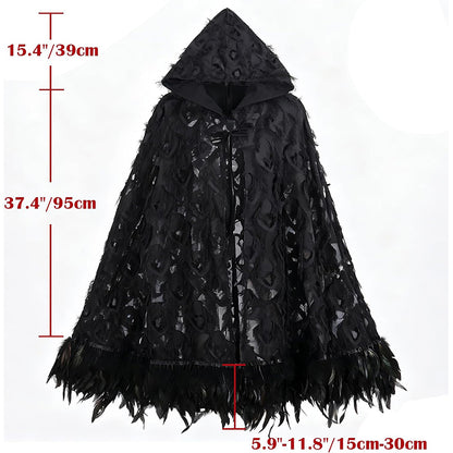 Women Gothic Hooded Cloak With Feather Hem Vampire Witch Cape Halloween Cosplay Costume Cloak