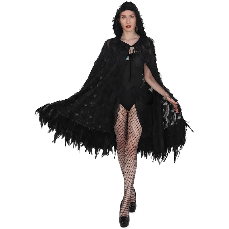Women Gothic Hooded Cloak With Feather Hem Vampire Witch Cape Halloween Cosplay Costume Cloak