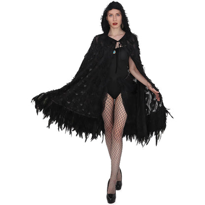 Women Gothic Hooded Cloak With Feather Hem Vampire Witch Cape Halloween Cosplay Costume Cloak