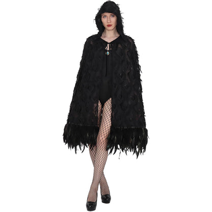 Women Gothic Hooded Cloak With Feather Hem Vampire Witch Cape Halloween Cosplay Costume Cloak