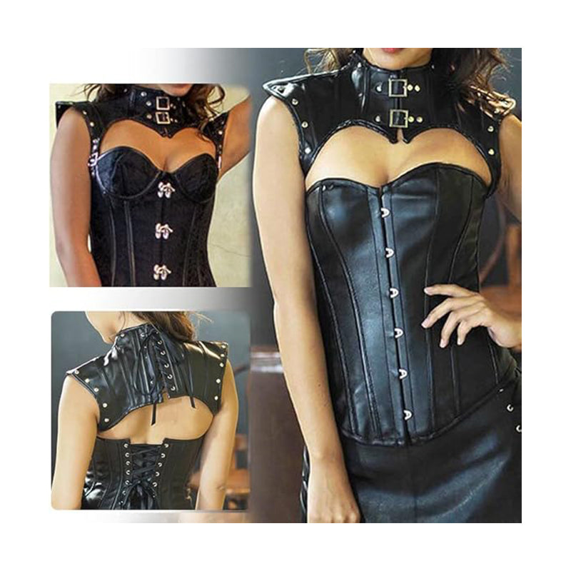 Women Gothic Shoulder Armor Harness With Rivets Leather Jacket Steampunk Shrug Corset Halloween Costume Accessories