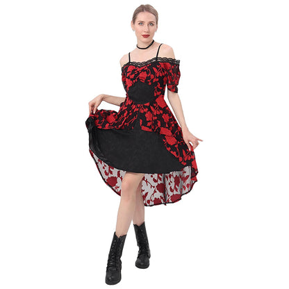 Women Gothic Steampunk Dress Renaissance Victorian Off Shoulder Lace High Low Dresses Cosplay Costume Dress For Party Daily Wear