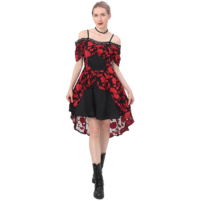 Women Gothic Steampunk Dress Renaissance Victorian Off Shoulder Lace High Low Dresses Cosplay Costume Dress For Party Daily Wear