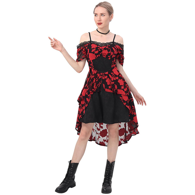 Women Gothic Steampunk Dress Renaissance Victorian Off Shoulder Lace High Low Dresses Cosplay Costume Dress For Party Daily Wear