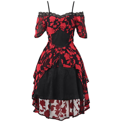 Women Gothic Steampunk Dress Renaissance Victorian Off Shoulder Lace High Low Dresses Cosplay Costume Dress For Party Daily Wear