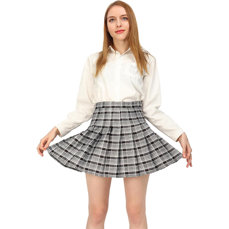 Women Grey Plaid Skirt with Shorts High Waist Pleated Skater Skirts Schoolgirl Skirts