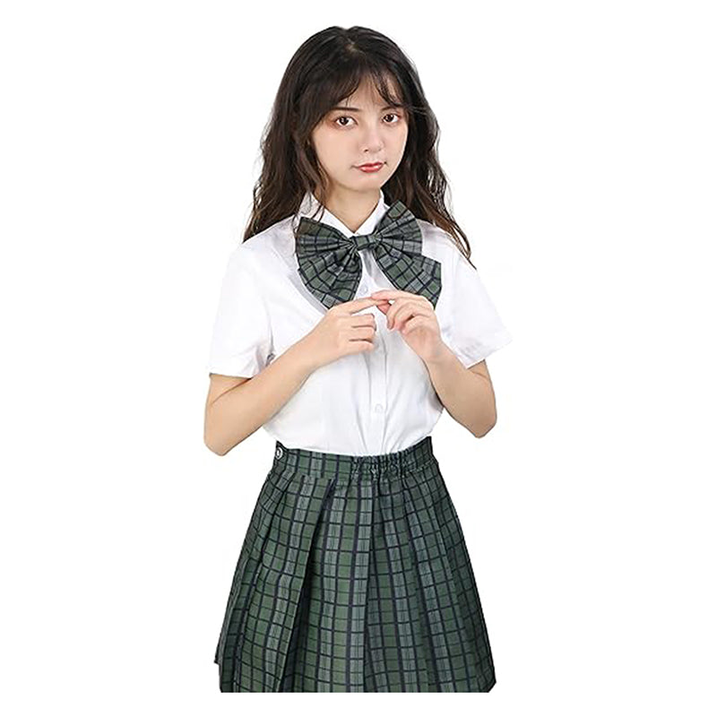 Women Japanese Uniform Outfit Costume with Plaid Bow Tie 5 PCS for Halloween Party School Wear