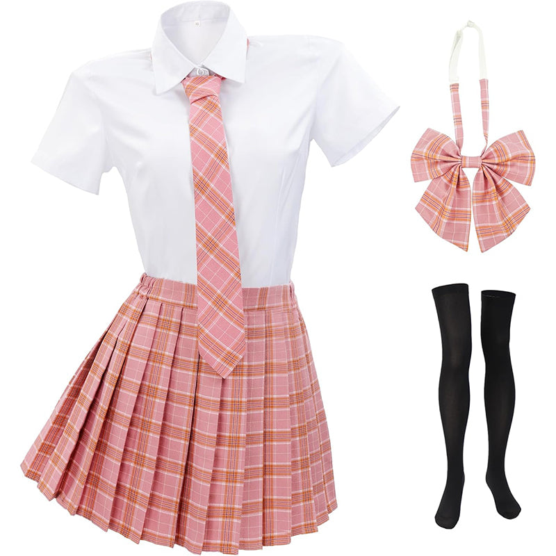 Women Japanese Uniform Outfit Costume with Plaid Bow Tie 5 PCS for Halloween Party Daily Wear