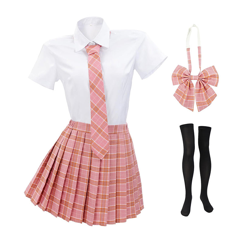 Women Japanese Uniform Outfit Costume with Plaid Bow Tie 5 PCS for Halloween Party Daily Wear