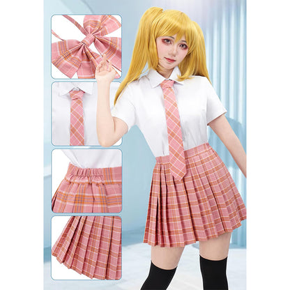 Women Japanese Uniform Outfit Costume with Plaid Bow Tie 5 PCS for Halloween Party Daily Wear