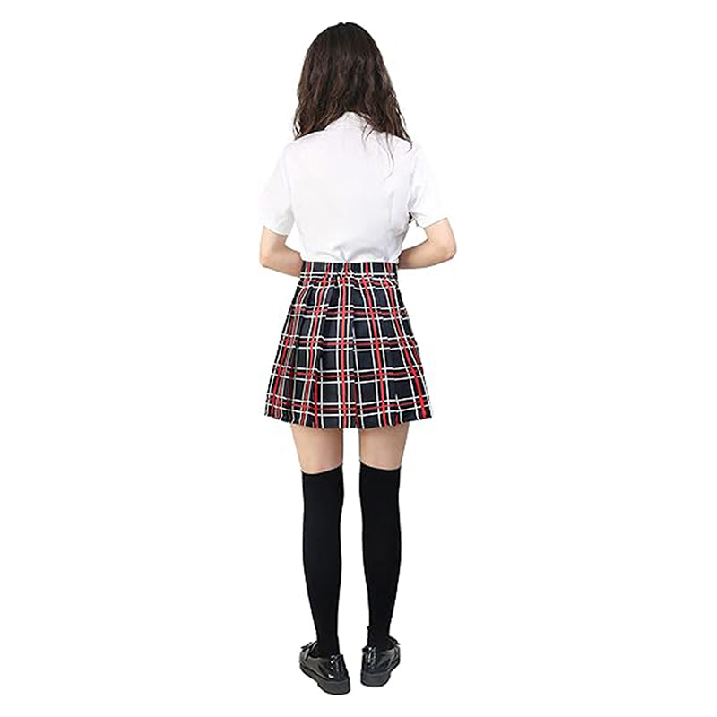 Women Japanese Uniform Outfit Costume with Plaid Bow Tie 5 PCS for Halloween Party Daily Wear