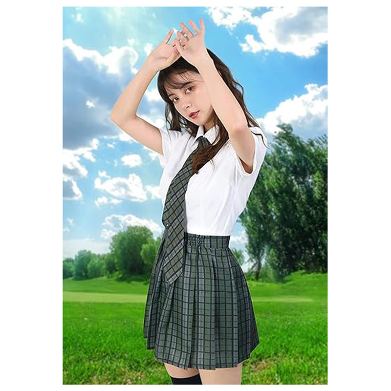 Women Japanese Uniform Outfit Costume with Plaid Bow Tie 5 PCS for Halloween Party School Wear