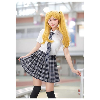 Women Japanese Uniform Outfit Costume with Plaid Bow Tie 5 PCS for Halloween Party