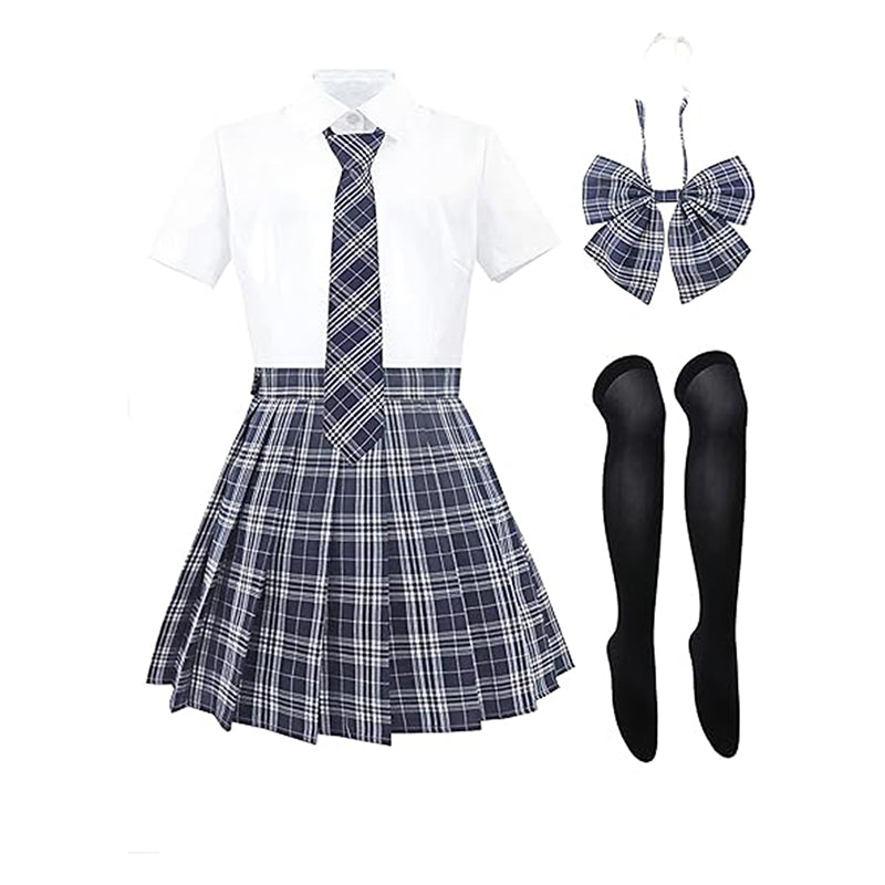 Women Japanese Uniform Outfit Costume with Plaid Bow Tie 5 PCS for Halloween Party
