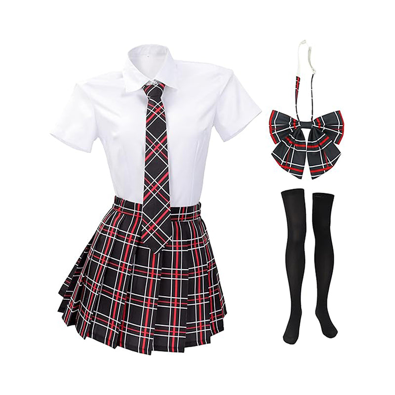 Women Japanese Uniform Outfit Costume with Plaid Bow Tie 5 PCS for Halloween Party Daily Wear
