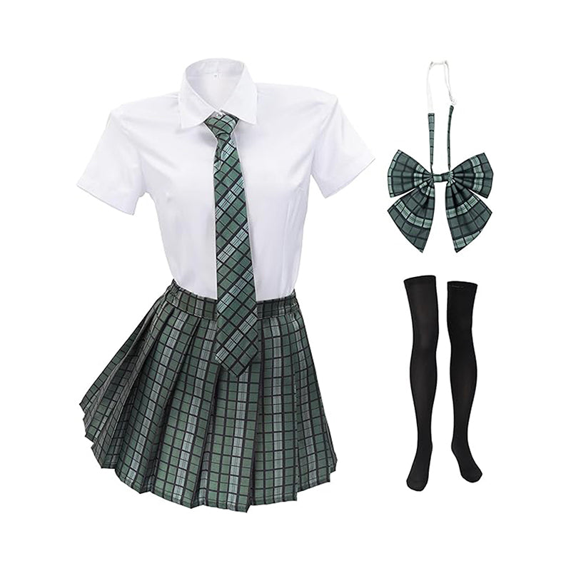 Women Japanese Uniform Outfit Costume with Plaid Bow Tie 5 PCS for Halloween Party School Wear