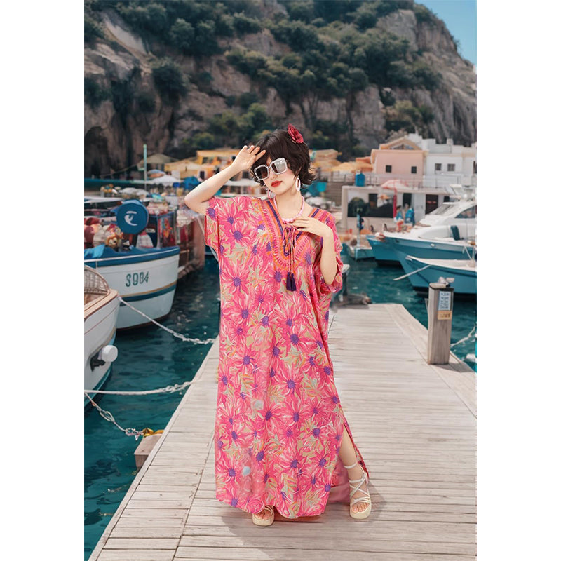 Women Kaftan Maxi Dresses Bohemian Dress Beach Floral Printed Dress With Necklace Earrings Eyeglasses Cosplay Costumes For Party Daily Wear