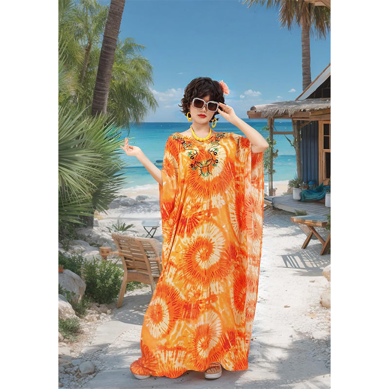 Women Kaftan Maxi Dresses Bohemian Dress Beach Floral Printed Dress With Necklace Earrings Eyeglasses Cosplay Costumes For Party Daily Wear