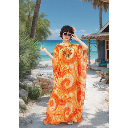 Women Kaftan Maxi Dresses Bohemian Dress Beach Floral Printed Dress With Necklace Earrings Eyeglasses Cosplay Costumes For Party Daily Wear