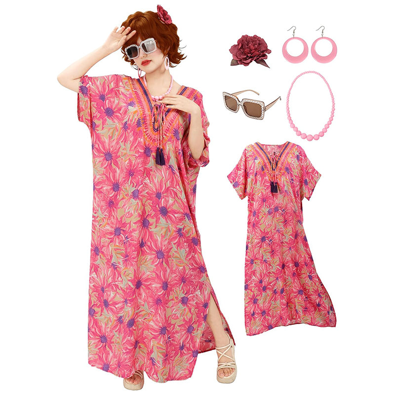 Women Kaftan Maxi Dresses Bohemian Dress Beach Floral Printed Dress With Necklace Earrings Eyeglasses Cosplay Costumes For Party Daily Wear
